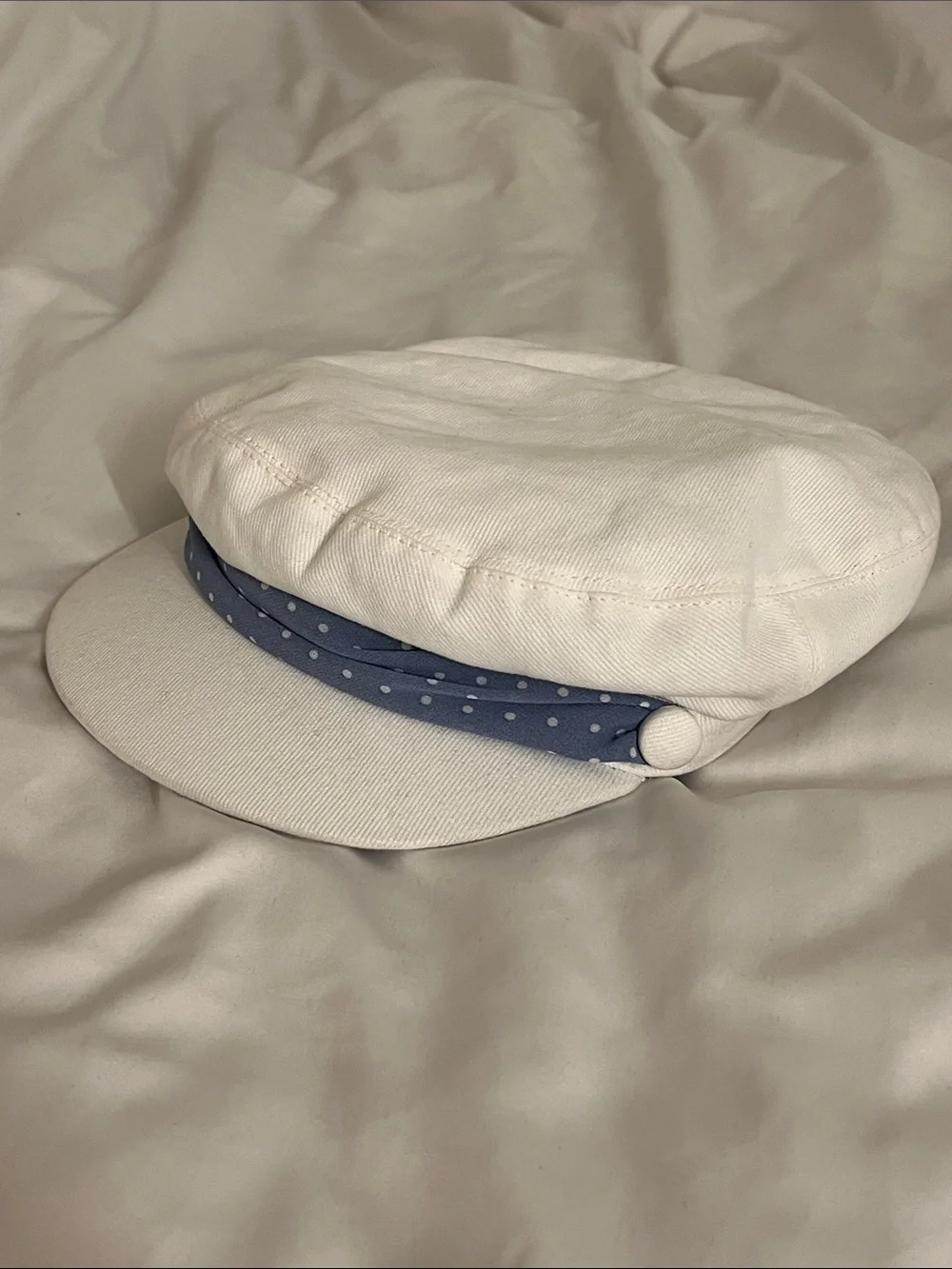 White Cotton Sailor Cap with Blue Polka Dot Band